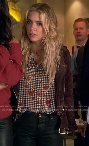 Hanna's checked and floral shirt and burgundy moto jacket on Pretty Little Liars
