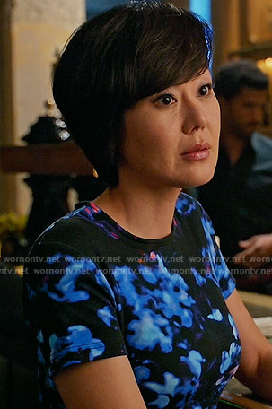 Karen’s black and blue floral dress on Mistresses