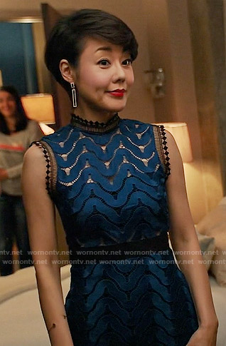 Karen's blue and black lace dress on Mistresses