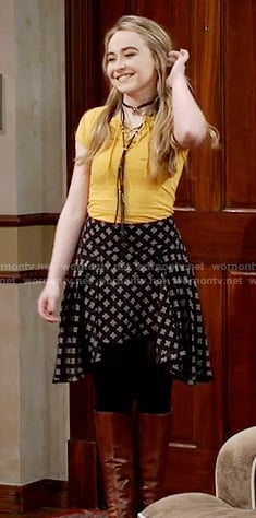Maya's yellow lace-up top and printed skirt on Girl Meets World