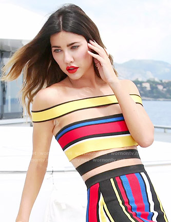 Steffy’s striped off-shoulder crop top and skirt on The Bold and the Beautiful