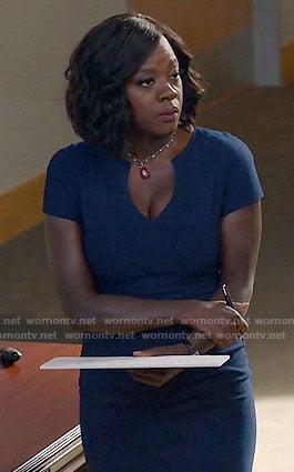 Annalise's blue split neck dress on How to Get Away with Murder