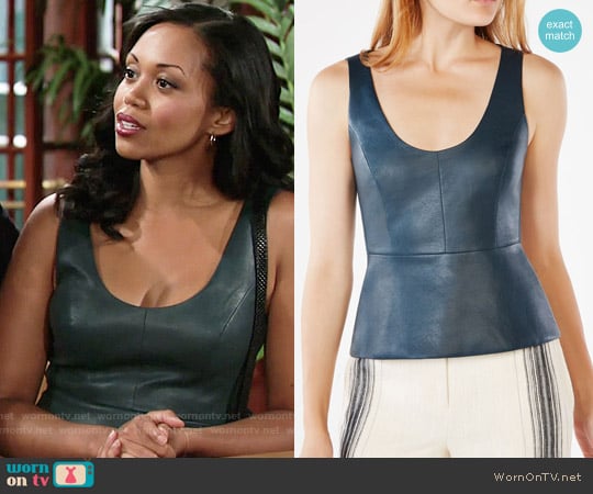 Bcbgmaxazria Cladiana Faux-Leather Peplum Top worn by Hilary Curtis (Mishael Morgan) on The Young and the Restless