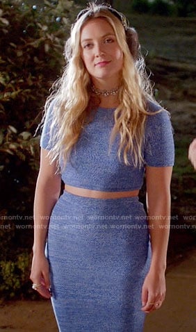 Chanel 3’s blue crop top and skirt on Scream Queens