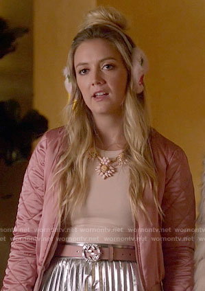 Chanel 3's pink quilted bomber jacket and pleated silver skirt on Scream Queens