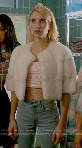 Chanel’s pink quilted crop top and white fur jacket on Scream Queens