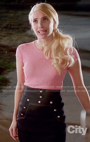 Chanel's pink CC top and front button skirt on Scream Queens
