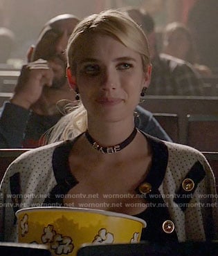 Chanel’s white polka dot jacket and BABE choker on Scream Queens