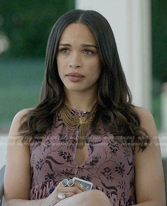 Erica's purple floral printed keyhole dress on Last Man on Earth