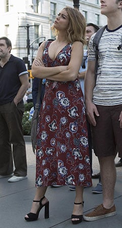 Haley's burgundy floral tie-front dress on Modern Family