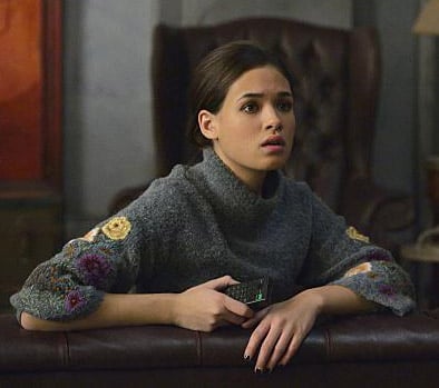 Heather's grey floral embroidered sweater on Beauty and the Beast