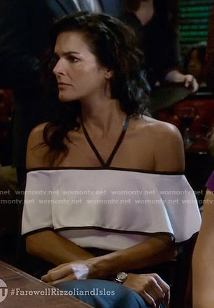 Jane’s white off-shoulder halter top on Rizzoli and Isles