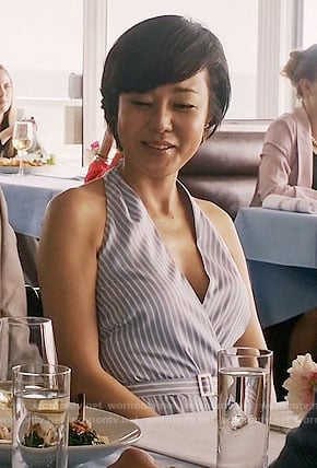 Karen's blue striped hatlerneck dress on Mistresses