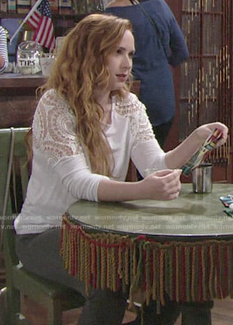 Mariah's white top with crochet sleeves on The Young and the Restless