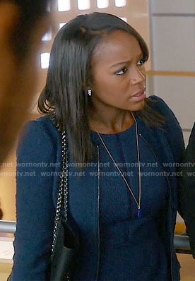 Michaela’s navy tweed zip up jacket and dress on How to Get Away with Murder