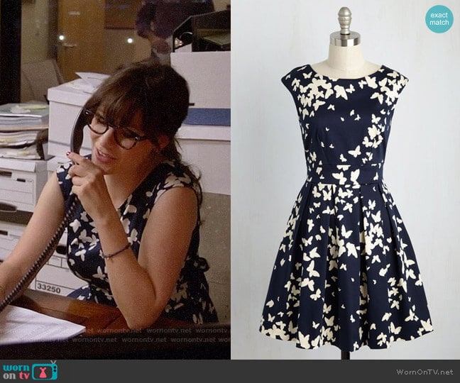 ModCloth Closet London Fluttering Romance Dress in Butterfly Silhouettes worn by Jessica Day (Zooey Deschanel) on New Girl