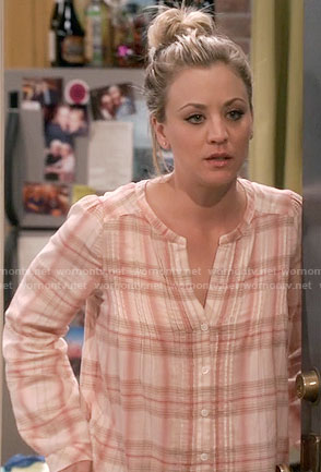 Penny's coral plaid top on The Big Bang Theory