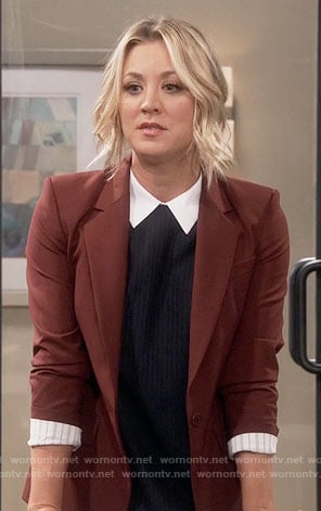 Penny's pinstriped dress with white collar and burgundy blazer on The Big Bang Theory