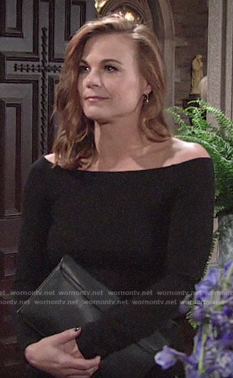 Phyllis's black off-shoulder dress and tan belt on The Young and the Restless