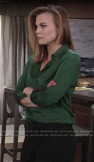 Phyllis’s green button down blouse with black leather details on The Young and the Restless