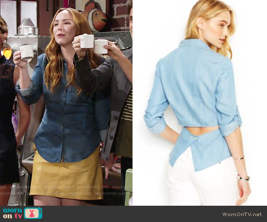 RACHEL Rachel Roy Cutout Denim Shirt worn by Mariah Copeland (Camryn Grimes) on The Young and the Restless