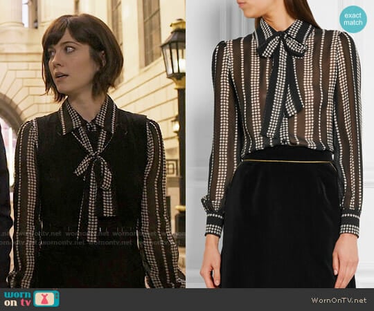 Saint Laurent Pussy-bow printed silk-georgette shirt worn by Laurel Healy (Mary Elizabeth Winstead) on BrainDead