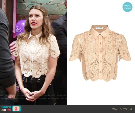 Self Portrait Paisley Lace Crop Blouse worn by Chloe Mitchell (Elizabeth Hendrickson) on The Young and the Restless