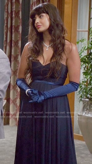 Tahani's navy strapless gown on The Good Place