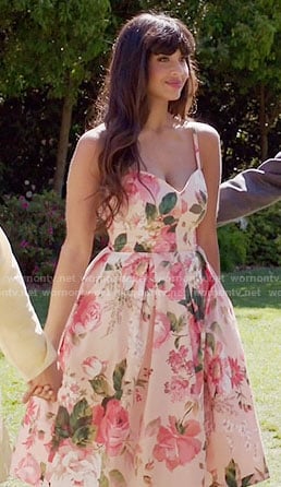 Tahani's pink floral dress on The Good Place