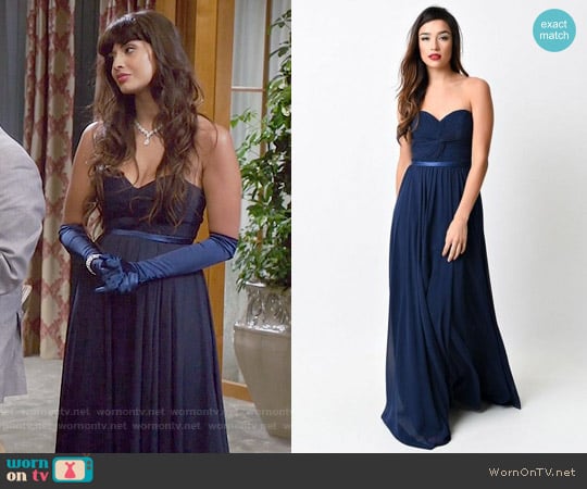 Unique Vintage Navy Chiffon Strapless Sweetheart Corset Long Gown worn by Tahani Al-Jamil (Jameela Jamil) on The Good Place