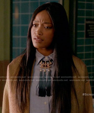 Zayday's rose gold jacket and tassel necklace on Scream Queens