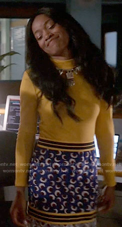 Zayday’s yellow sweater and mixed print skirt on Scream Queens