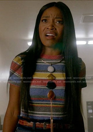 Zayday’s multicolored striped top and stone necklace on Scream Queens