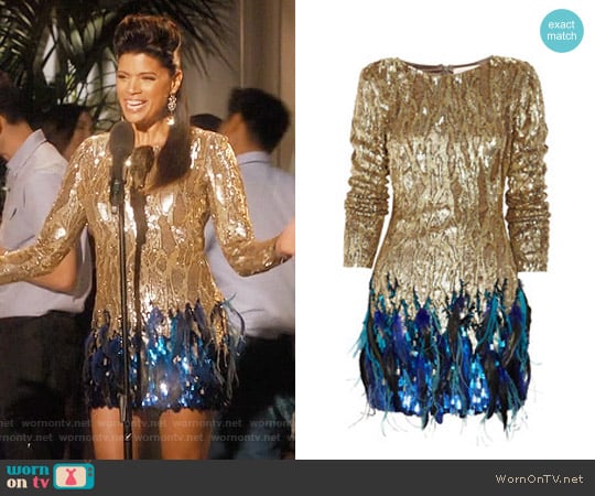 Matthew Williamson Sequin and feather hand-woven dress worn by Xiomara Villanueva (Andrea Navedo) on Jane the Virgin