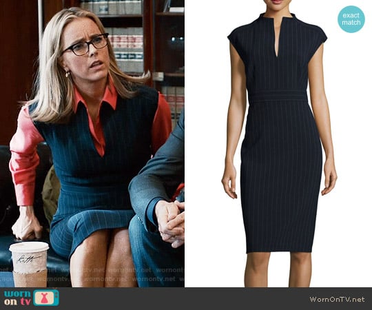 Max Mara Doppio-Pinstriped Split-Neck Sheath Dress worn by Elizabeth McCord (Téa Leoni) on Madam Secretary