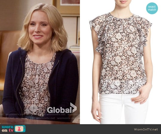 Rebecca Taylor Floral Print Ruffle Sleeve Silk Top worn by Eleanor Shellstrop (Kristen Bell) on The Good Place