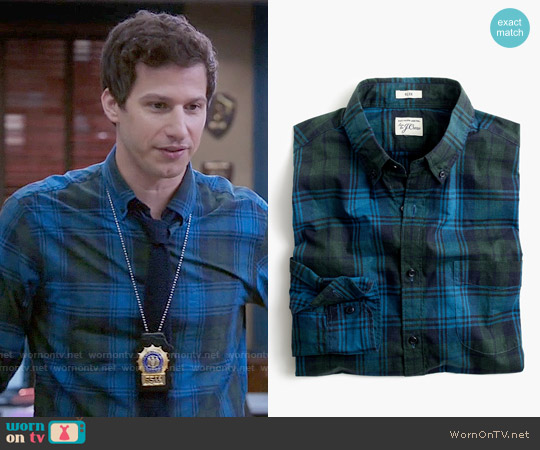 J. Crew Slim Secret Wash Shirt in Heather Poplin Plaid in Hthr Green worn by Jake Peralta (Andy Samberg) on Brooklyn Nine-Nine