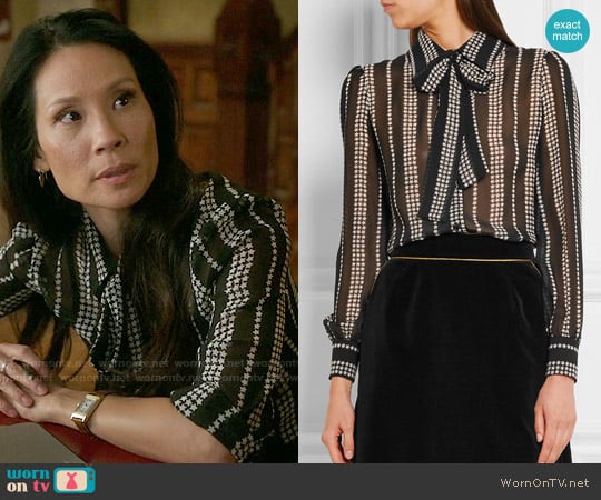 Saint Laurent Pussy-bow printed silk-georgette shirt worn by Joan Watson (Lucy Liu) on Elementary