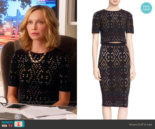 Alice + Olivia Ines Top and Ani Skirt worn by Cat Grant (Calista Flockhart) on Supergirl