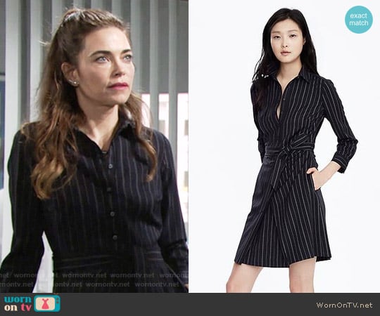 Banana Republic Pinstripe Tie Waist Shirtdress worn by Victoria Newman (Amelia Heinle) on The Young and the Restless