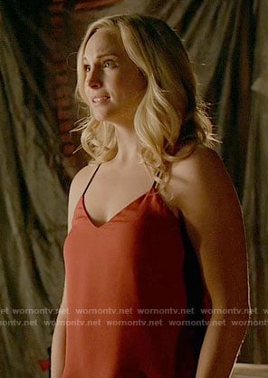 Caroline's red top with black straps on The Vampire Diaries