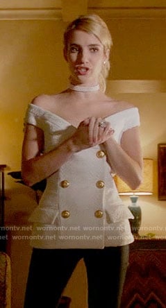 Chanel's white off-shoulder double breasted top on Scream Queens
