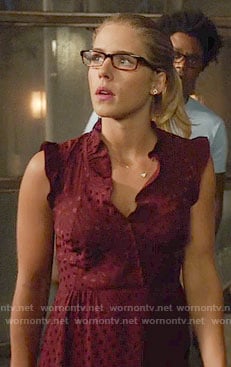 Felicity's burgundy polka dot dress with ruffles on Arrow