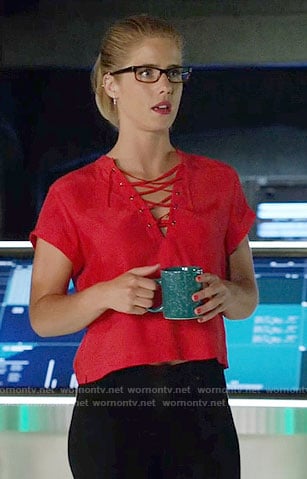 Felicity’s red lace-up top on Arrow