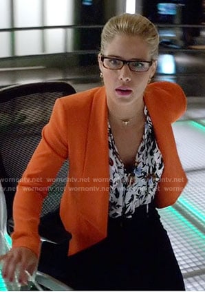 Felicity’s floral top and orange jacket on Arrow