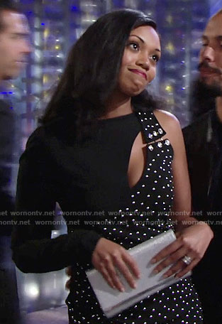 Hilary's black studded asymmetric dress on The Young and the Restless