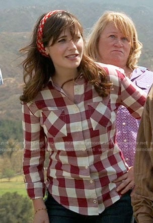 Jess's red buffalo checked shirt on New Girl