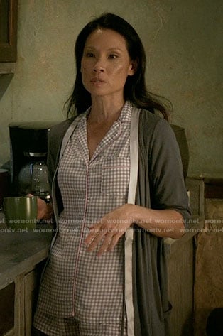 Joan's gingham checked pajamas and satin trim robe on Elementary