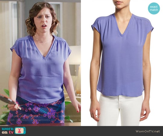 Joie Suela Top in Periwinkle worn by Rebecca Bunch (Rachel Bloom) on Crazy Ex-Girlfriend