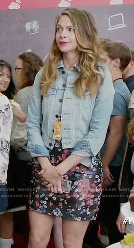 Liza’s floral leather skirt and denim jacket on Younger